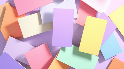 Vertical business card scatter mockup with soft pastel background showing randomly placed cards with slight rotation, smooth premium cardstock texture, modern corporate aesthetic and realistic high-re
