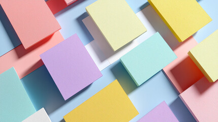 Vertical business card scatter mockup with soft pastel background showing randomly placed cards with slight rotation, smooth premium cardstock texture, modern corporate aesthetic and realistic high-re