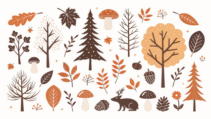 Autumn forest elements with trees, leaves, and wildlife illustrations