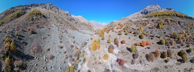 Road to the Chambran valley, Entrance door to the Ecrins National Park, in autumn, viewed from drone