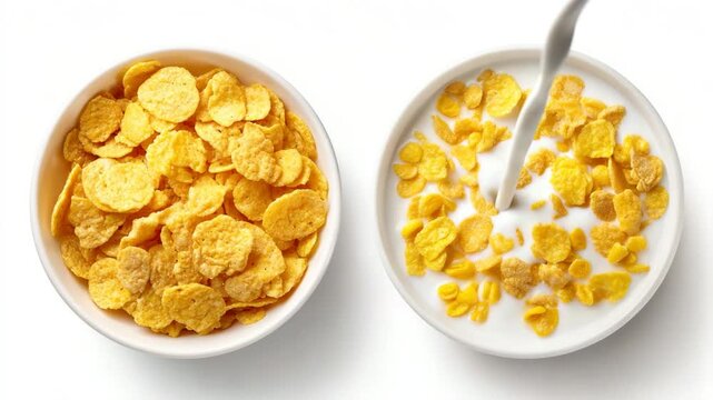 Two white bowls of cornflakes cereal one with milk on white background