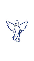 Obraz premium A stylized blue line art depiction of an angel with outstretched wings and a halo against a white background