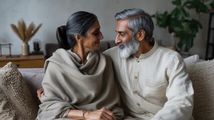 Mature Indian couple enjoying cozy moment together on a sofa in a warm and inviting living room filled with natural light