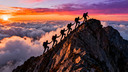 Group of mountain climbers in silhouette helping each other up steep rocky slope against beautiful sunset sky above clouds symbolizing collective leadership and corporate teamwork success story