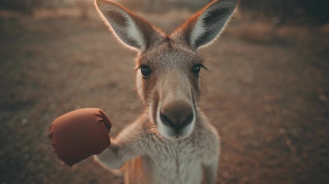 4k video of a kangaroo wearing boxing gloves and punching.