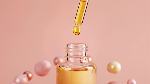 Dropper bottle with cosmetic serum surrounded by floating spheres on a peach background. Skincare oil for beauty and anti-aging care. Natural essence for face.