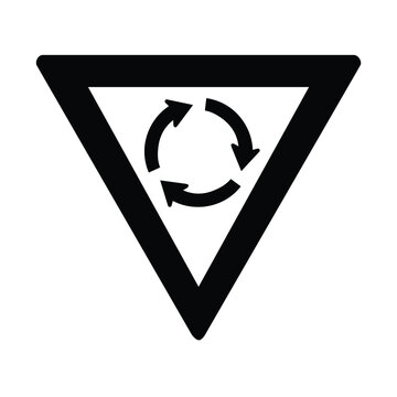 Minimalist Black Roundabout Give Way Silhouette Icon with Circular Arrows and Inverted Triangle Border for Traffic Flow Design - Professional Vector Stock Image