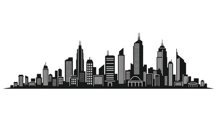 Black and white vector illustration of a dynamic city skyline featuring diverse buildings and structures