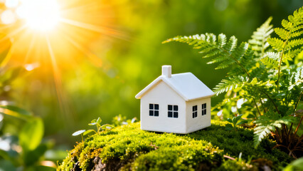 White miniature dwelling resting on natural green surface under powerful golden sunshine symbolizing affordable housing environmental protection mortgage payment stability and sustainable development