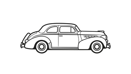 Fototapeta premium Black outline drawing of a classic vintage sedan car from the side, isolated on a white background