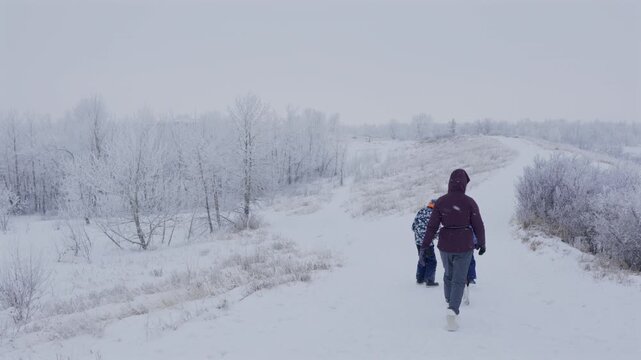 Woman and young children walking with their dog along a snowy trail in Nose Hill Park, Calgary