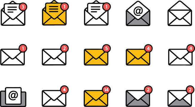 Email notification icons set with unread message counters and envelope symbols for website interface and mobile application alerts