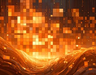 Abstract digital landscape of glowing orange squares