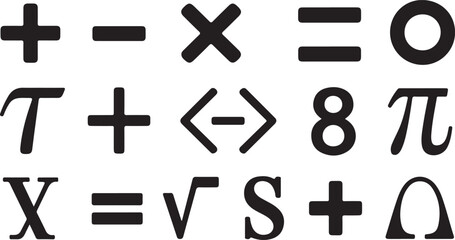 Mathematical and scientific symbols icons set collection plus minus multiply equals algebra number constants root variable signs vector typography