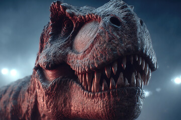 Tyrannosaurus rex roams through a misty forest scene in a thrilling dinosaur movie setting