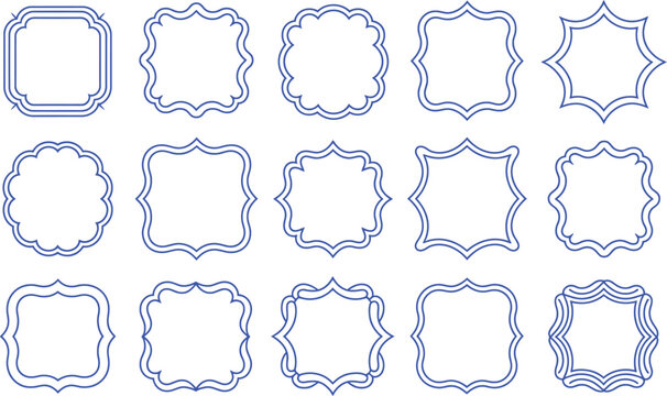 Collection of fifteen ornate blue frames on white background