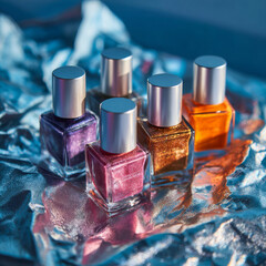 A collection of vibrant nail polish bottles with metallic caps, showcasing a variety of colors and finishes on crumpled aluminum foil