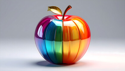 Rainbow apple reflecting colors with golden leaf stem