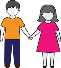 Obraz premium Cartoon boy and girl holding hands in colorful clothes