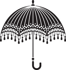 Black silhouette of vintage lace parasol or umbrella with decorative hanging tassels and ornate frame © Kohinoor