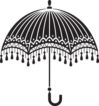 Black silhouette of vintage lace parasol or umbrella with decorative hanging tassels and ornate frame