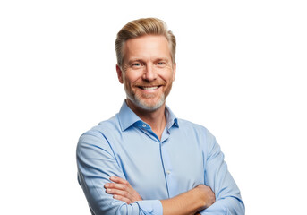 Smiling Man With Blond Hair And Beard In Blue Shirt Arms Crossed adult