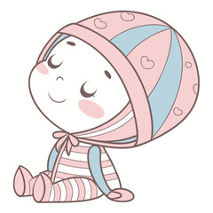 Happy Baby Doll Design Adorable smiling doll with soft pink and blue color accents layered perfectly for easy editing on white background