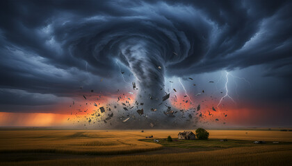 Dramatic Image of a Tornado Destruction with Lightning Strikes in a Rural Landscape
