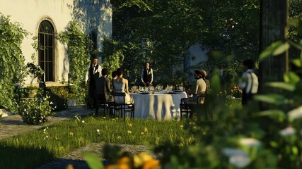 Guests gather for an outdoor dining experience in the garden during a sunny afternoon at a beautiful estate