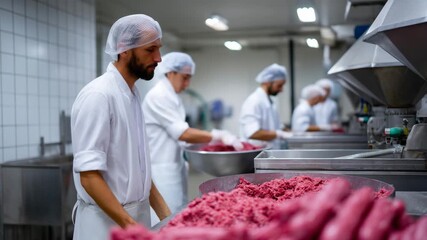 4k A brightly lit industrial meat-processing facility with workers in full white protective uniforms, including white coats, aprons, gloves, caps, and hairnets