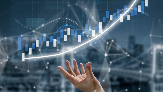 This creative illustration features a hand reaching towards a rising financial chart, symbolizing growth and aspirations in business and economic success. Copula