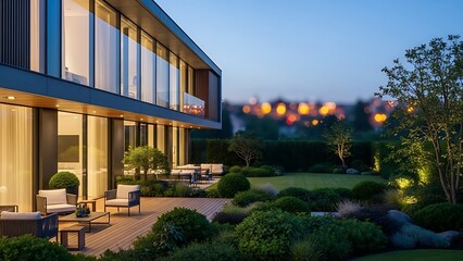 Modern house exterior with patio and garden at dusk with cityscape in the background