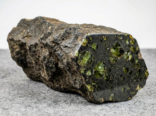 A collectible geological specimen of picrite volcanic rock with large green olivine crystals in dark matrix on a cut polished face