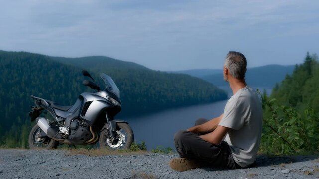 a man resting beside his adventure motorcycle on a scenic overlook above a lake. The man, dressed in casual riding gear, sits on the groun
