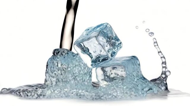 Ice cubes on white background with water splashing around them in a refreshing scene