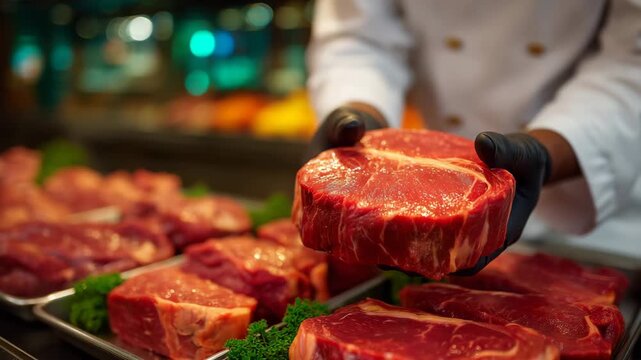 butcher-shop scene viewed through a glass display case. In the foreground, various cuts of raw beef and pork are arranged on chilled