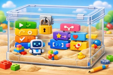 Naklejka premium Engaging educational robot in a transparent container surrounded by colorful blocks icons symbolizing coding creativity and playful learning in a dynamic sandbox environment