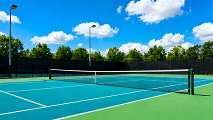 empty tennis court with blue and green surface and white lines, nets and stadium lights under clear blue sky with fluffy white clouds on sunny day