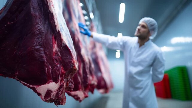 cold storage room inside a modern slaughterhouse. Long rows of large beef carcasses hang from overhead steel rail systems, each carcass suspended