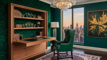 Luxurious Emerald Green Home Office with Panoramic City View