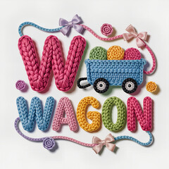 Crochet Lettering Wagon Illustration in Cozy Yarn Style.