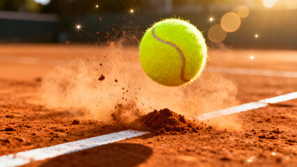 slow motion tennis ball exploding on clay court with dust flying and sparkling light, action shot on sports ground during match