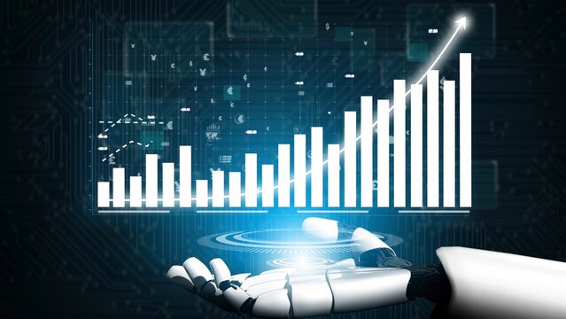 A robotic hand presents a rising bar graph against a digital backdrop, symbolizing technological progress and business growth in the modern world. Copula - Powered by Adobe
