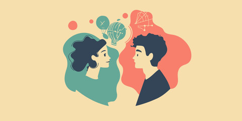 Profile portraits of man and woman with abstract colorful shapes and scientific icons representing creativity communication and idea exchange in flat vector style