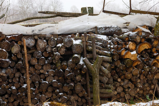 ​A large pile of neatly stacked round firewood of various diameters lies outdoors during a snowfall. The wood is partially dusted with fresh snow and covered on top with a protective white sheet to pr