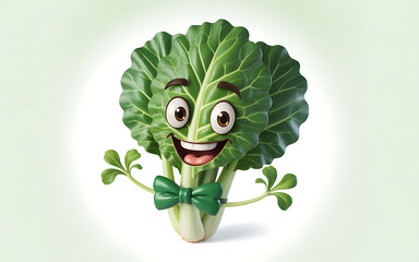 Cheerful cartoon leafy green vegetable character smiling with a green bowtie
