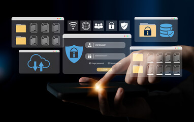 Secure login and file management interface with folder, password, and encryption icons for cybersecurity visualization Parse