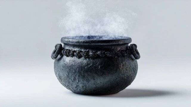 Steaming cauldron with smoke rising from the top on a light background