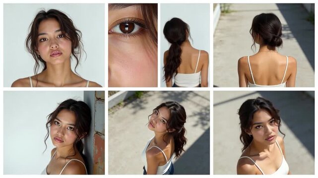 A collage of a young Asian woman's portraits in various poses and angles, with wavy brown hair and minimal makeup, evoking a serene, natural vibe
