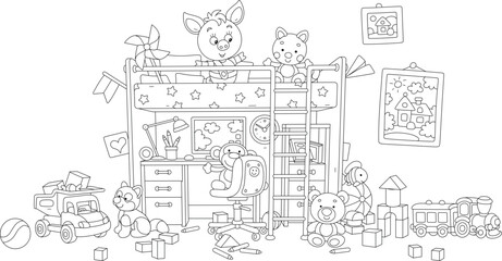 Obraz premium Happy little piglet romping with scattered funny toys in a nursery playroom, black and white vector cartoon illustration for a coloring book